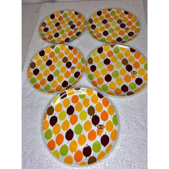 SET OF 5 RACHAEL RAY LITTLE HOOT SALAD PLATES 8" OWL LEAF PLATES - Picture 1 of 5